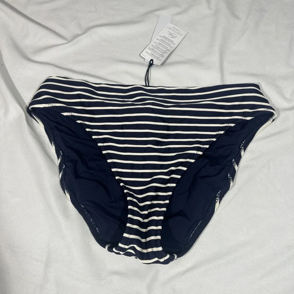 NEW Robin Piccone [‎ Large ] Parker High Waist Stripe Bikini Bottom Navy U1692